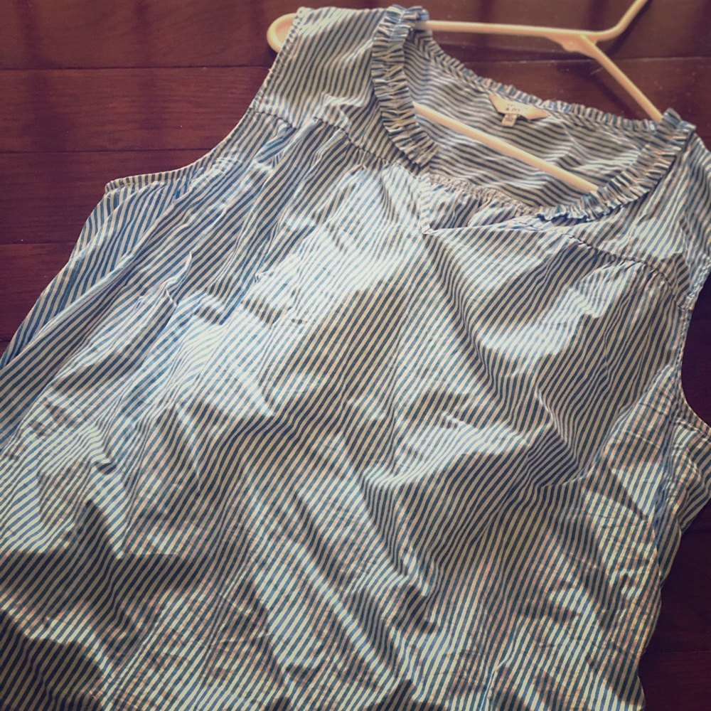 Blue & White Seersucker Top w/ Ruffle Neckline